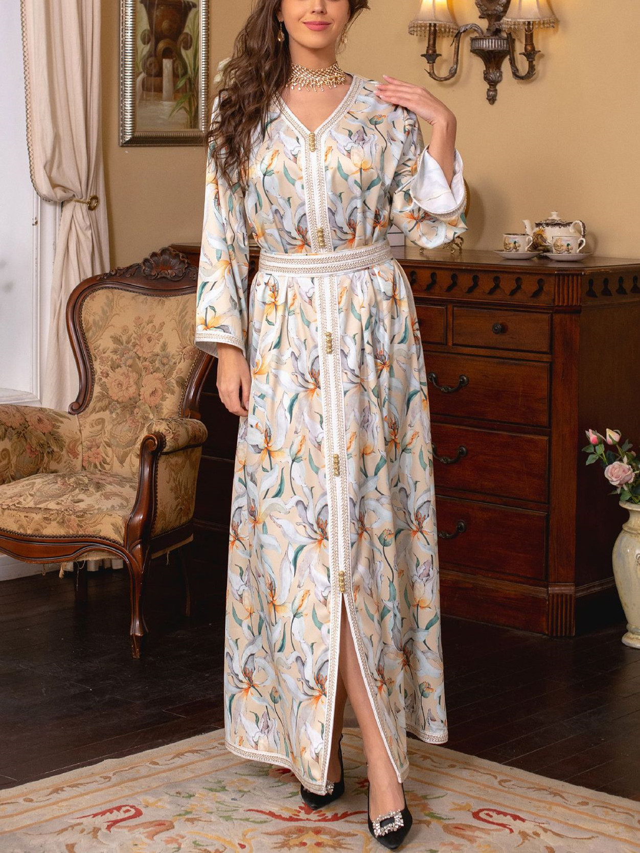 Floral Pattern Long Sleeve Split Dress | Oxredo Shop Ramadan Sale