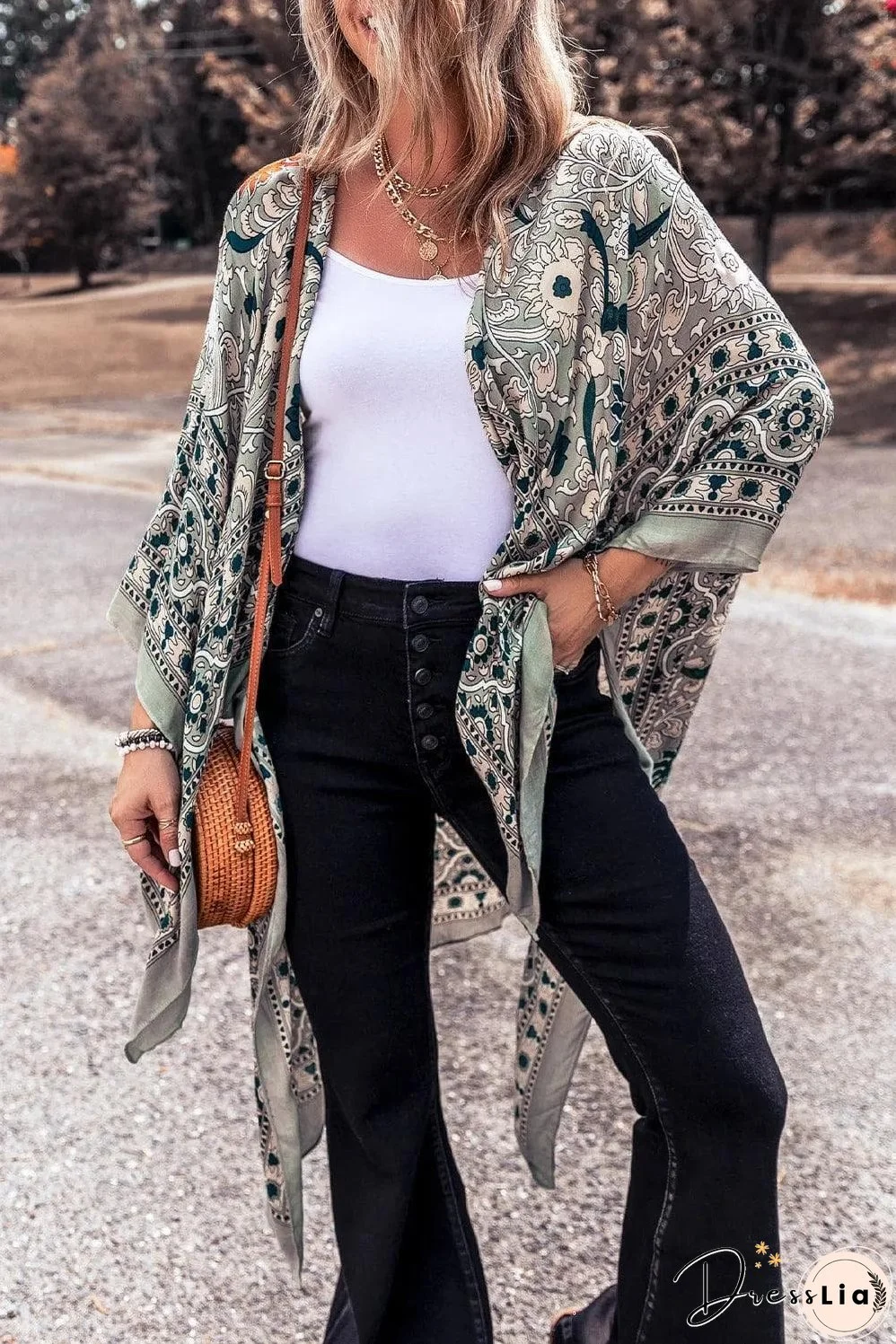 Green Vintage Floral Print Long Split Open Front Kimono