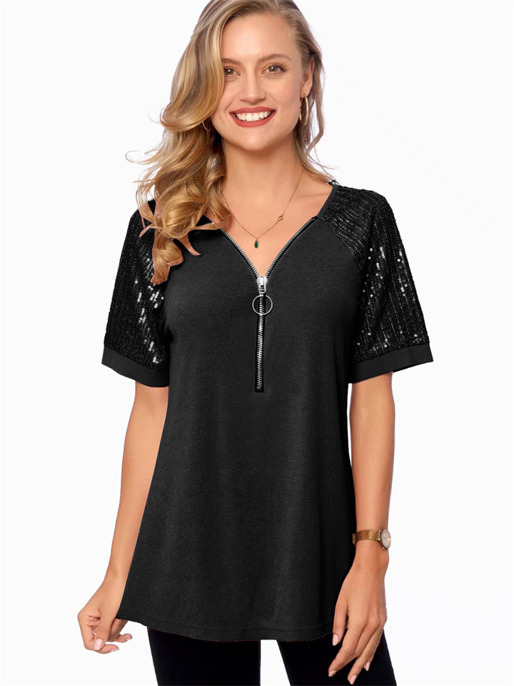 Summer Solid Color Temperament Commuter V-neck Zipper Women's Short-sleeved Beaded Stitching Women's Tops T-shirt