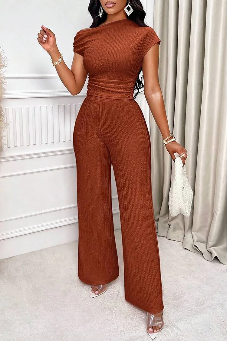 Skew Neck Short Sleeve Top Solid Color Wide Leg Pants Casual 2pcs Set-Brown