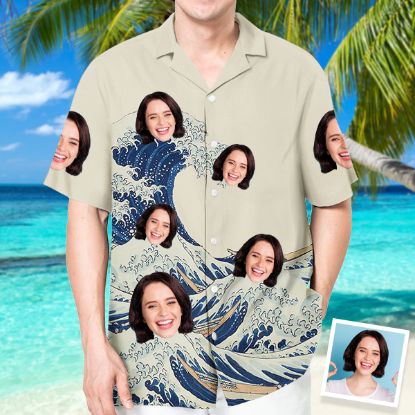 Custom Great Waves Hawaiian Shirt With Face Holiday Beach Shirt Japanese Art Shirt Holiday Gift For Men, For Husband artswardrobe