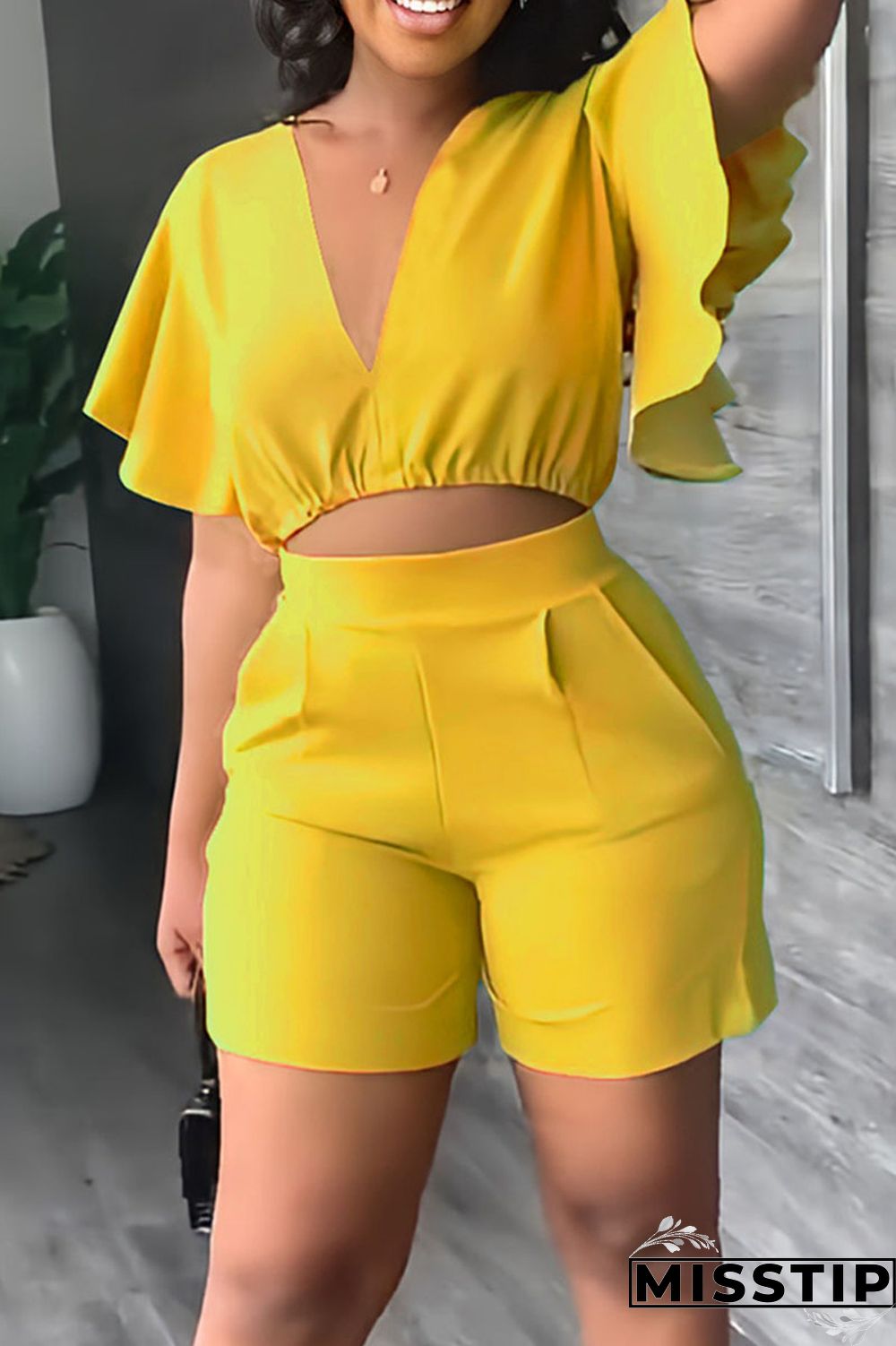 Yellow Casual Solid Patchwork Flounce V Neck Short Sleeve Two Pieces