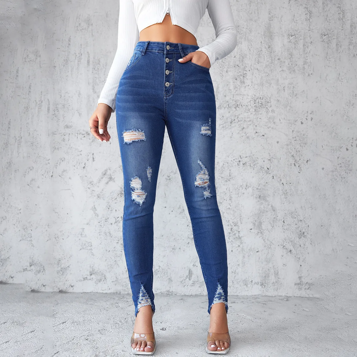 Thingsroom High Waist Ripped Skinny Jeans,Slim-fit Blue Breasted Small Foot Pants Pencil Pants Fashion Jeans 2025 Women's Spring and Autumn