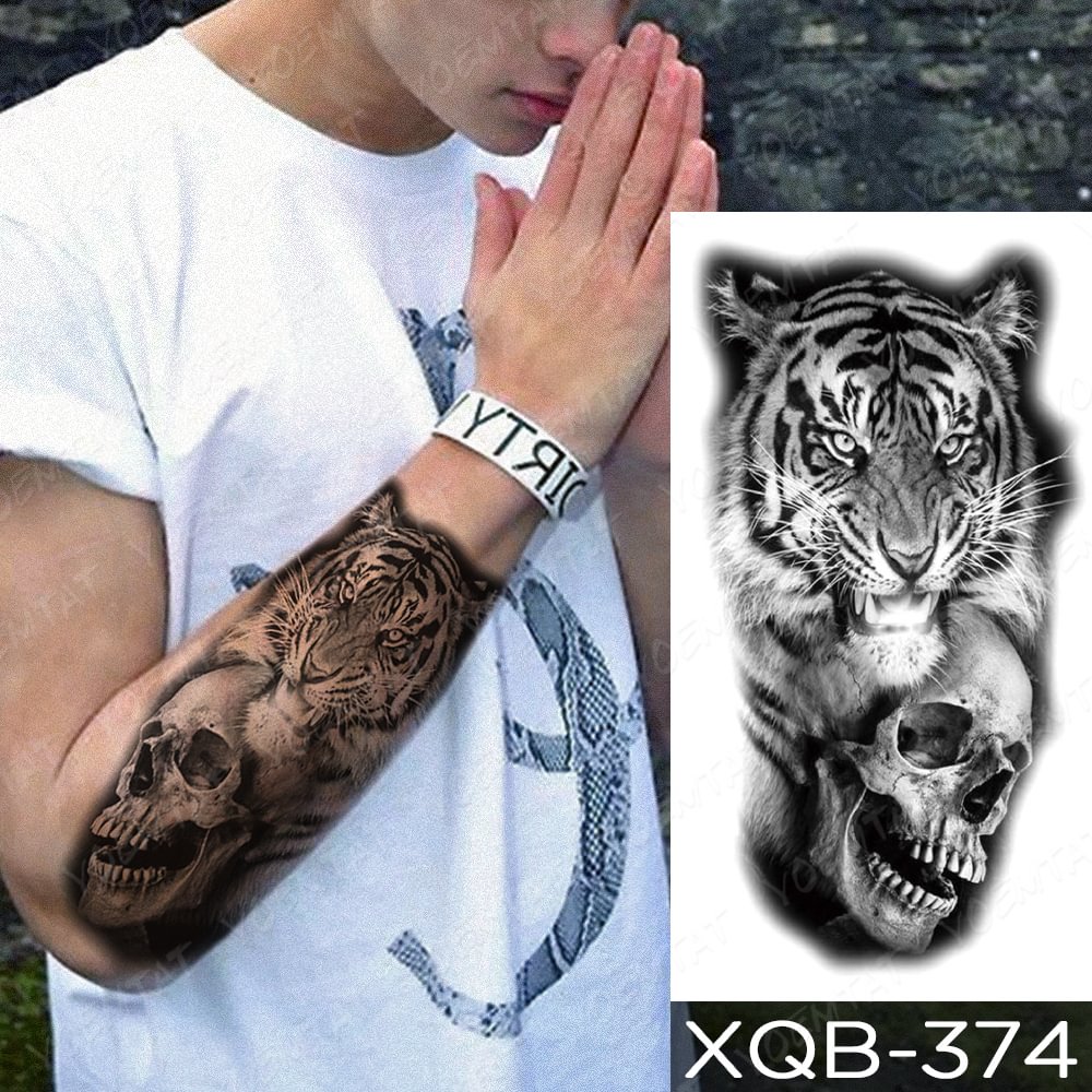 Gingf Temporary Tattoo Sticker Skull Tiger Hunter Flash Tattoos Lion Animal Wolf Rose Cross Wings Body Art Arm Fake Tatoo W