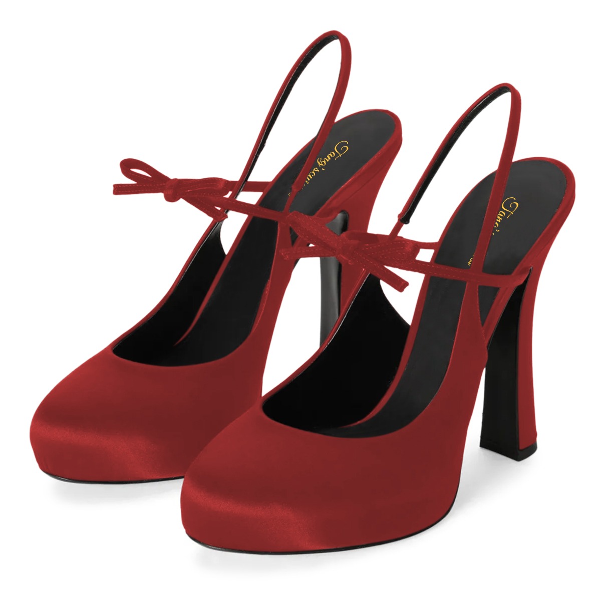 Satin Chunky Heel Bow Accent Slingback Red Pumps with Platform Nicepairs