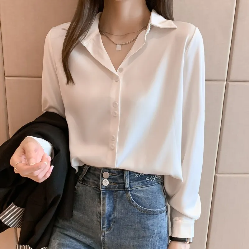 2021 Fashion Satin Long Sleeve Blouses Button Up White OL Vintage Tops V-neck Solid Ladies&rsquo; Tops Women's Silk Shirts Women 17278