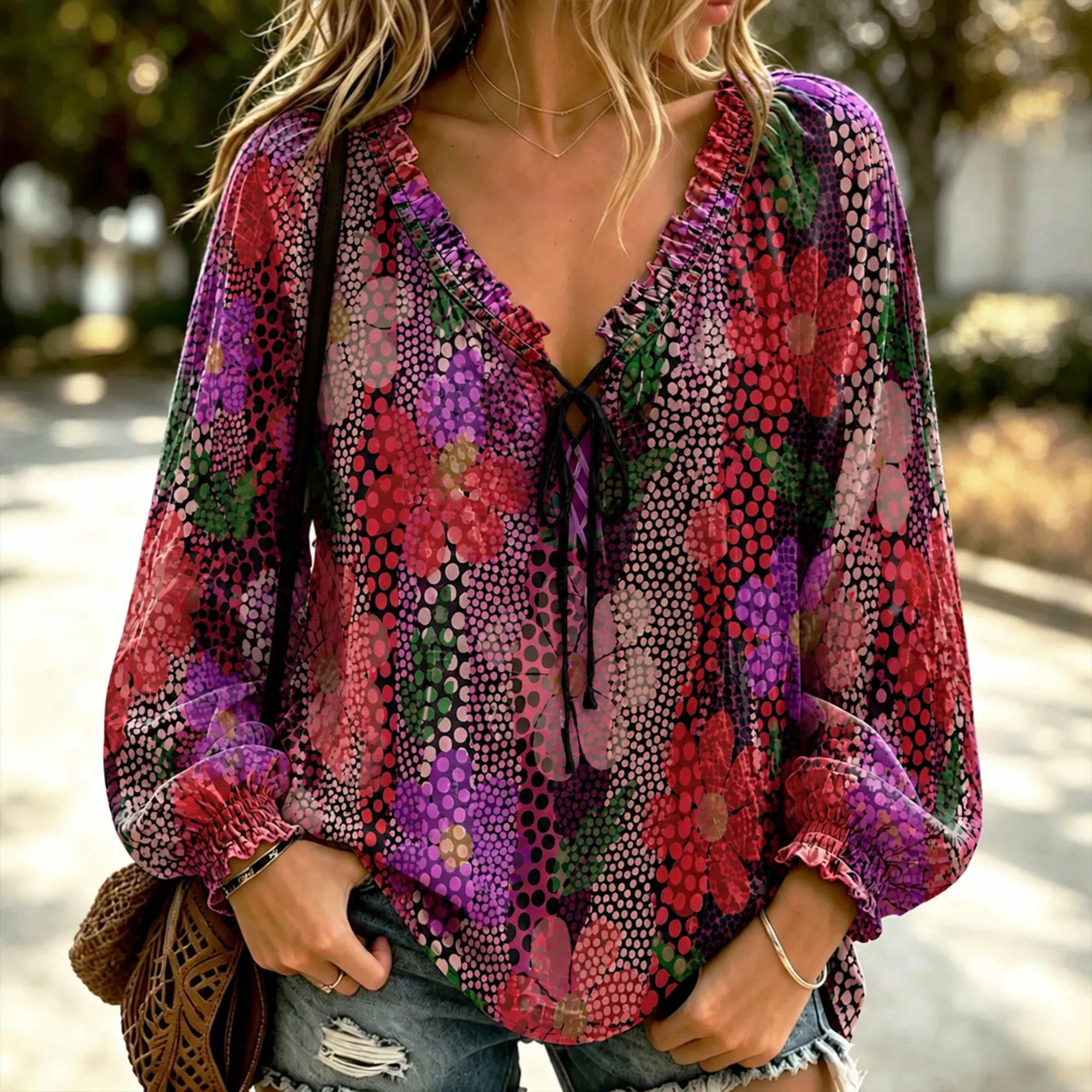Comstylish Women's Bohemian-style Polka Dot Floral Print V-neck Ruffled Tie-waist Casual Loose Top For Spring And Summer