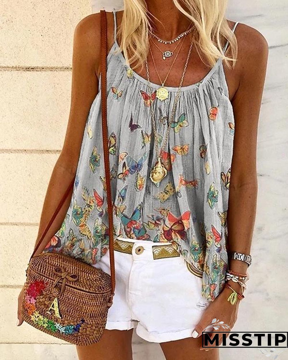 Butterfly Print Bohemia Crew Neck Plus Size Tank Tops