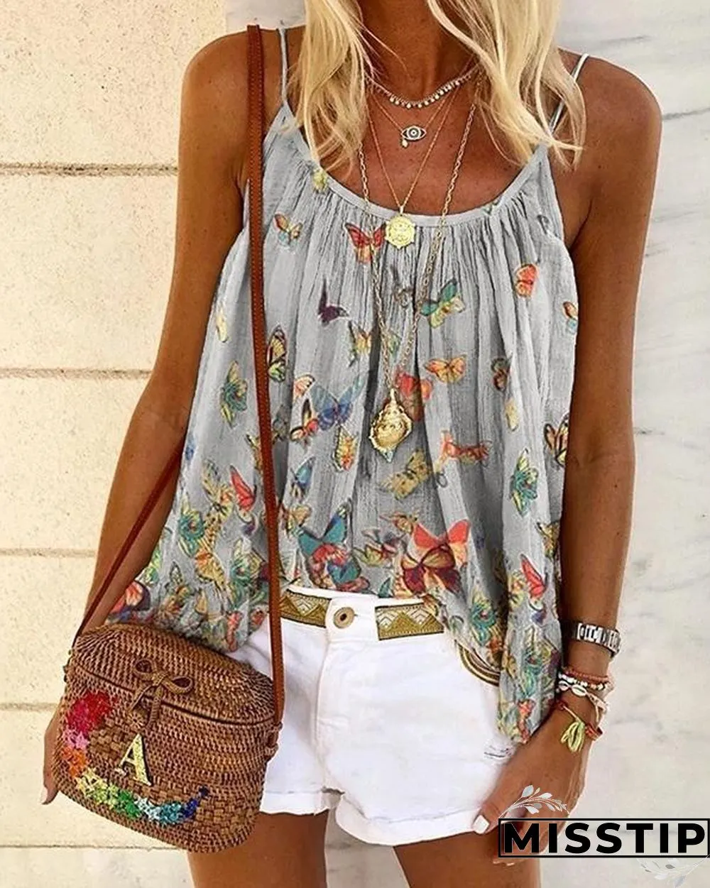 Butterfly Print Bohemia Crew Neck Plus Size Tank Tops