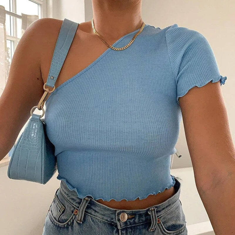 2020 Fashion Crop Tops Summer One-shoulder Slim Solid Ruched T Shirt Ladies Short Sleeve Sexy Stree Clubwear Basic Tee Top New