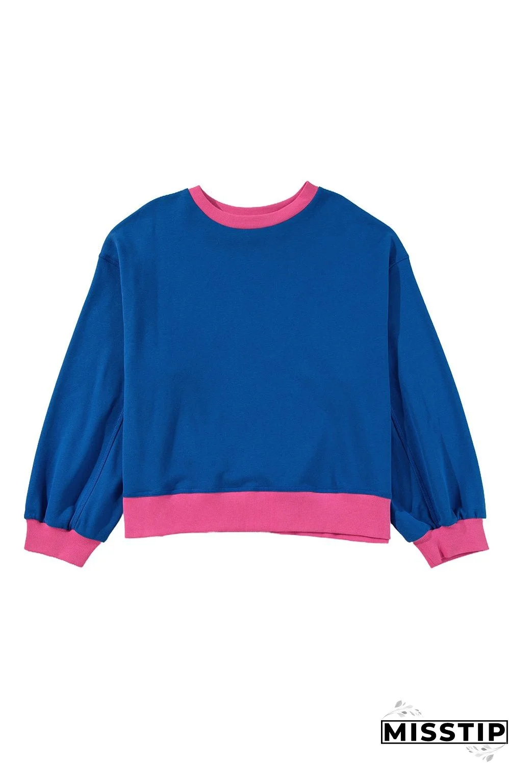 Sky Blue Color Block Edge Balloon Sleeve Plus Size Sweatshirt