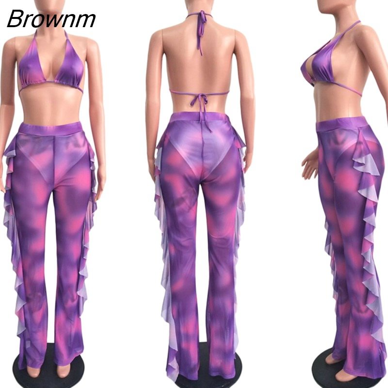 Brownm Tie Dye Print Mesh Summer Beach Two Piece Set with Panties Women Sexy Bra Halter Crop Top Ruffle Wide Leg Pants Suit