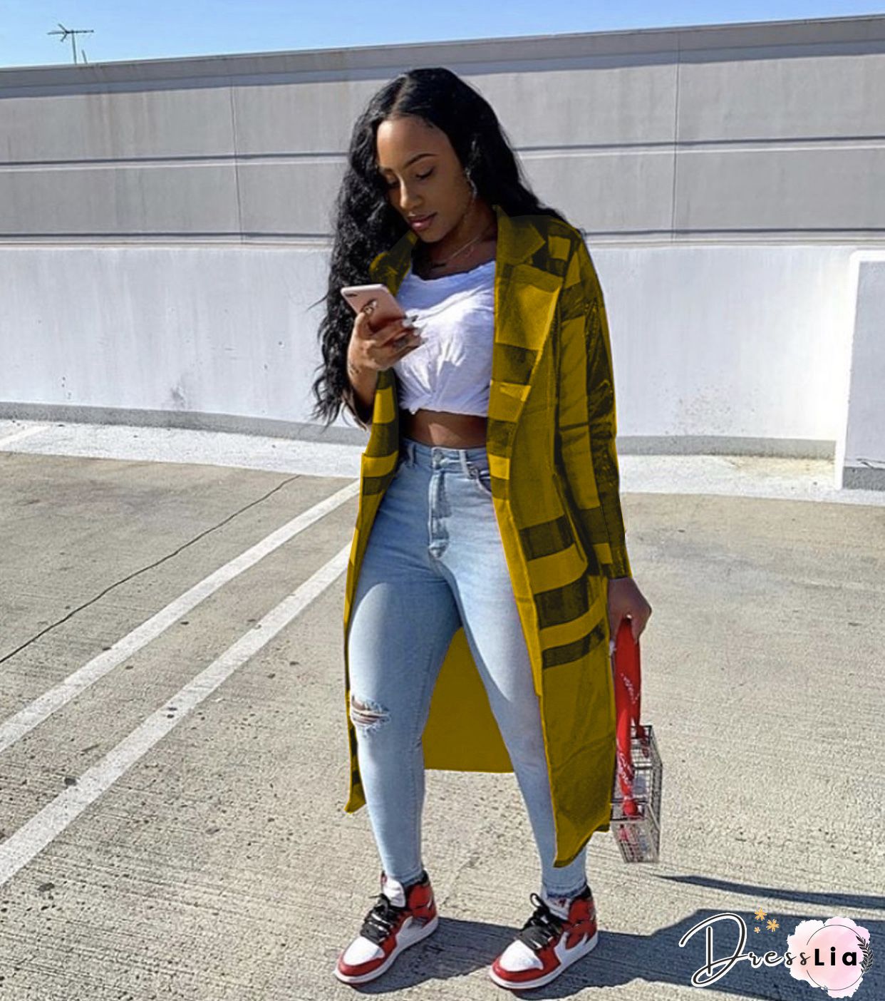 Plaid Print Turn Down Collar Long Sleeve Trench Coat