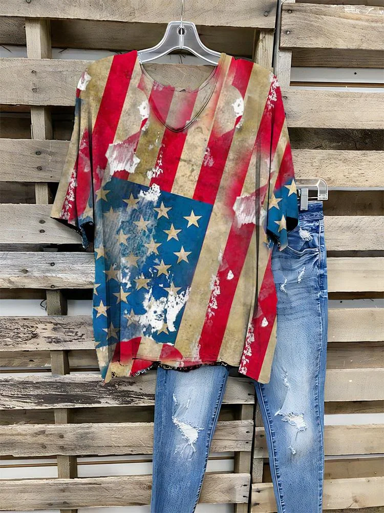 Women's Fashion New Casual Flag Printing Half-sleeve V-neck T-shirt