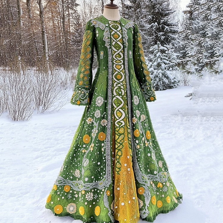 VChics Vintage Celtic Floral Art Cotton Linen Crew Neck Mixi Dress