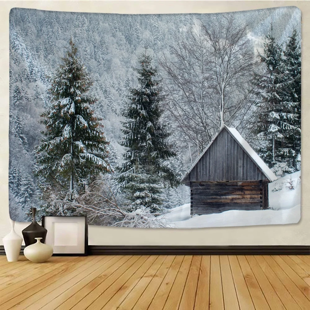 Xmas Tapestry Home Wall Hanging Polyester Snow Scene Christmas Tree Pattern Blanket Home Decoration Gift