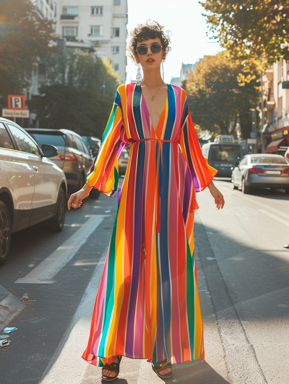 Caftan Rainbow Striped Printed Beach V-Neck Kaftan Dress