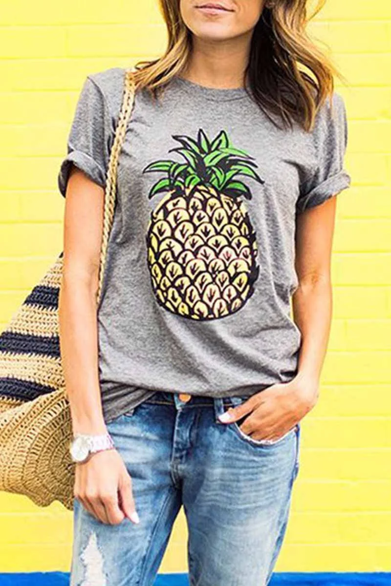 colorful Floral Print Pineapple T-shirt