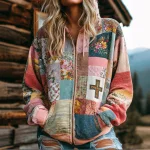 Women's Vintage Floral  Cross Patchwork Cozy Warm Zipper Hoodie - Image 2