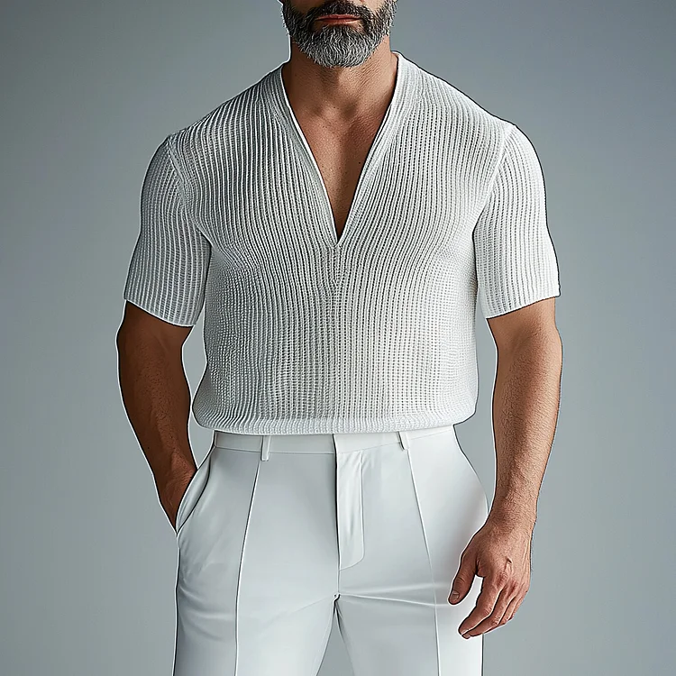 Men's Ribbed Knit V Neck Short Sleeve T-Shirt
