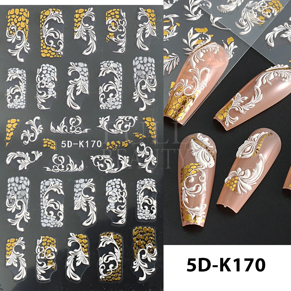 Churchf Nail Stickers Flowers Geometric Lines Decor Acrylic Embossed Sliders Gold Frame Nail Decals Cherry Blossom Manicure GLJI-5D05-Nail Inspo
