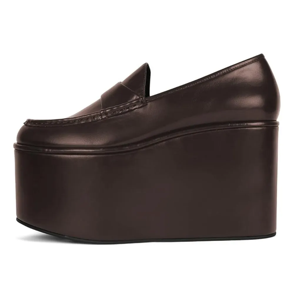 Chic Brown Round Toe Wedge Heel Slip On Platform Loafers Women
