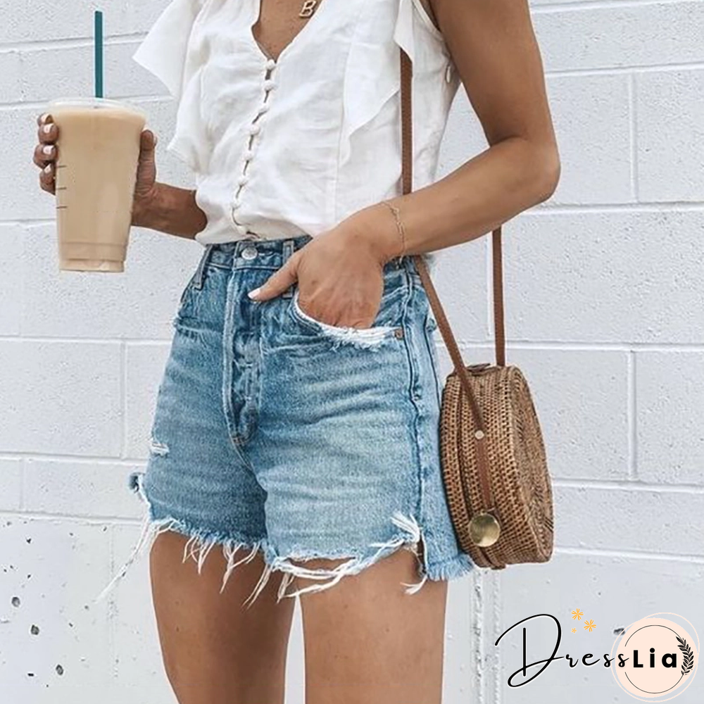 Pure Color High Waist Broken Hole Cowboy Shorts
