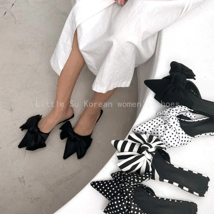 Wongn Wongn Half Drag Female Spring 2023 New Fashion Wave Dot Bow Tip Flat Sandals Women's Shoes