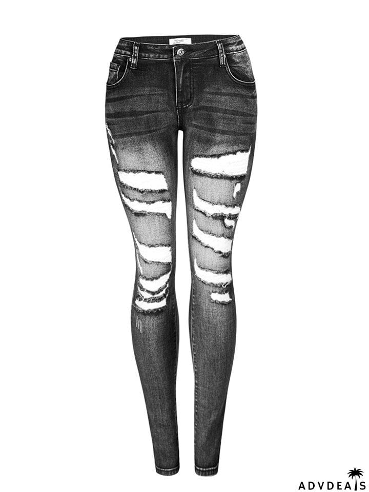 Youth Street Style Slim Fit Stretchy Ripped Denim Jeans for Women