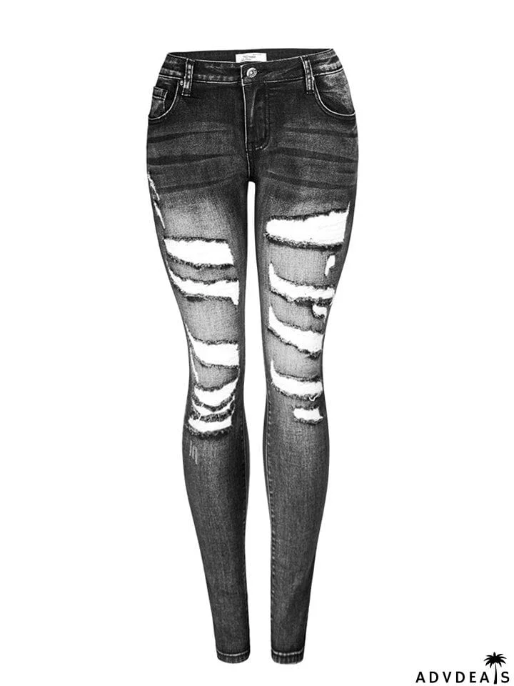 Youth Street Style Slim Fit Stretchy Ripped Denim Jeans for Women