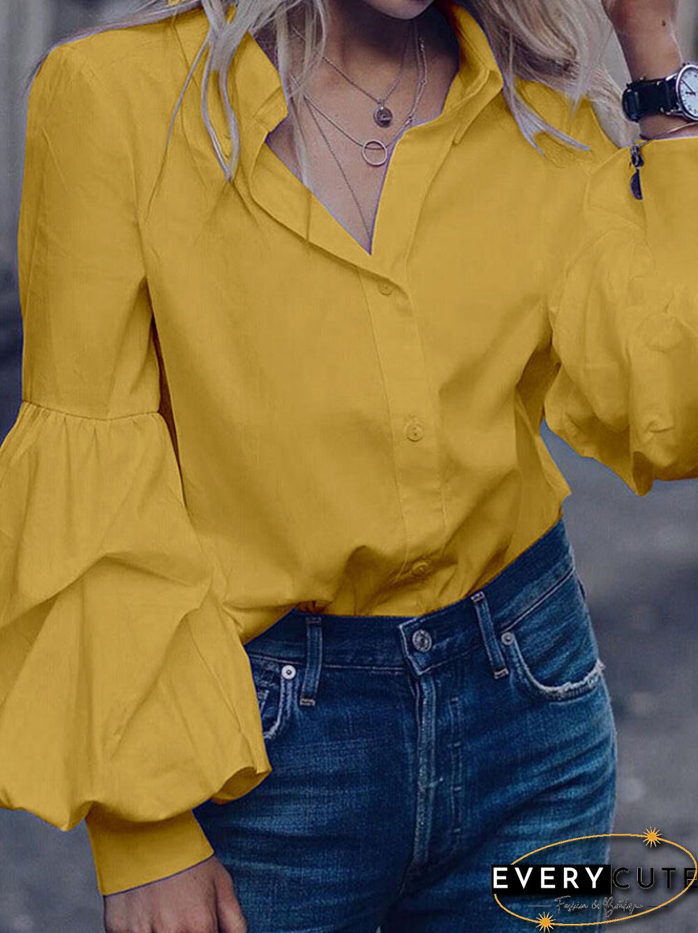 Solid Color Turn Down Collar Button Down Bishop Blouse
