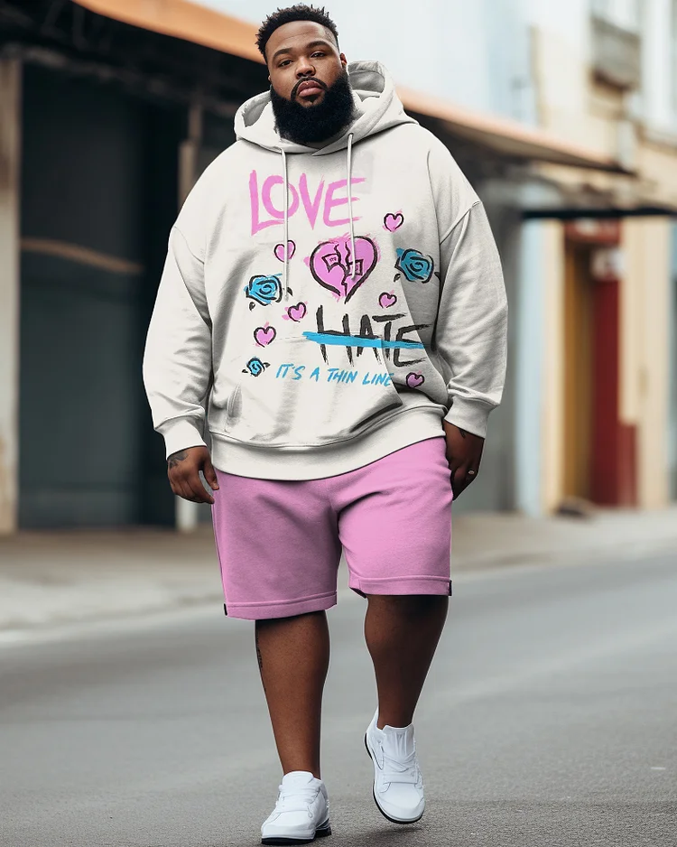Men's Plus Size Hip Hop Love Heart Rose Hoodie Shorts Two Piece Set
