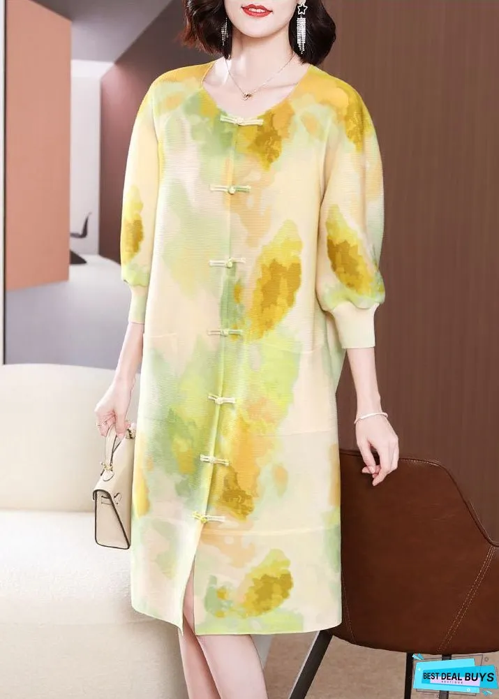 Yellow Print Long Dresses Chinese Button Side Open Summer