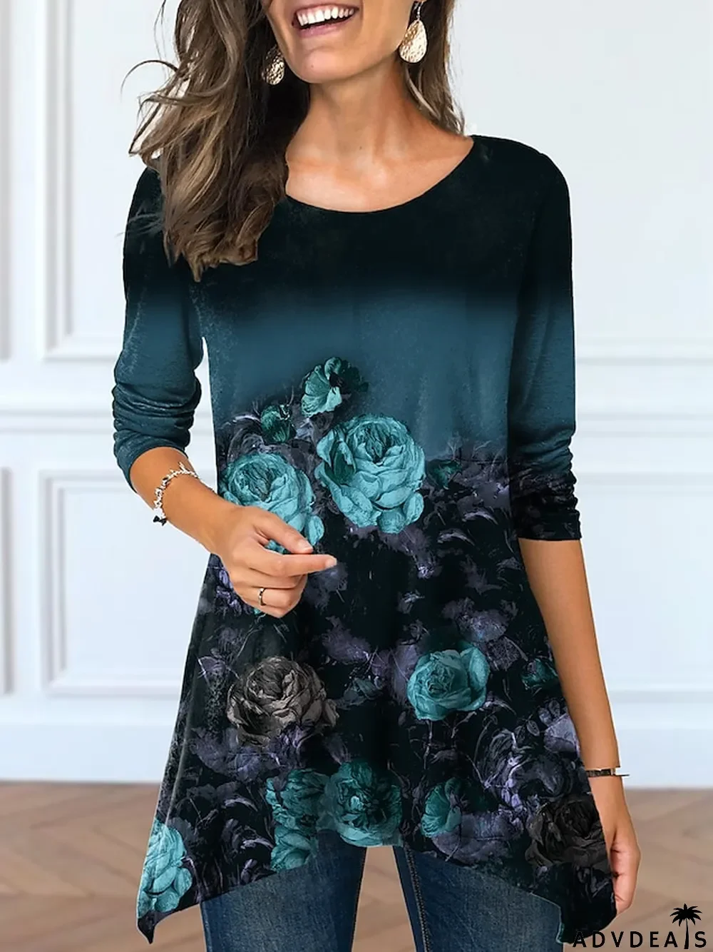 Women's T shirt Tee Pink Blue Purple Floral Rose Flowing tunic Print Long Sleeve Casual Holiday Tunic Basic Round Neck Long Floral Painting S