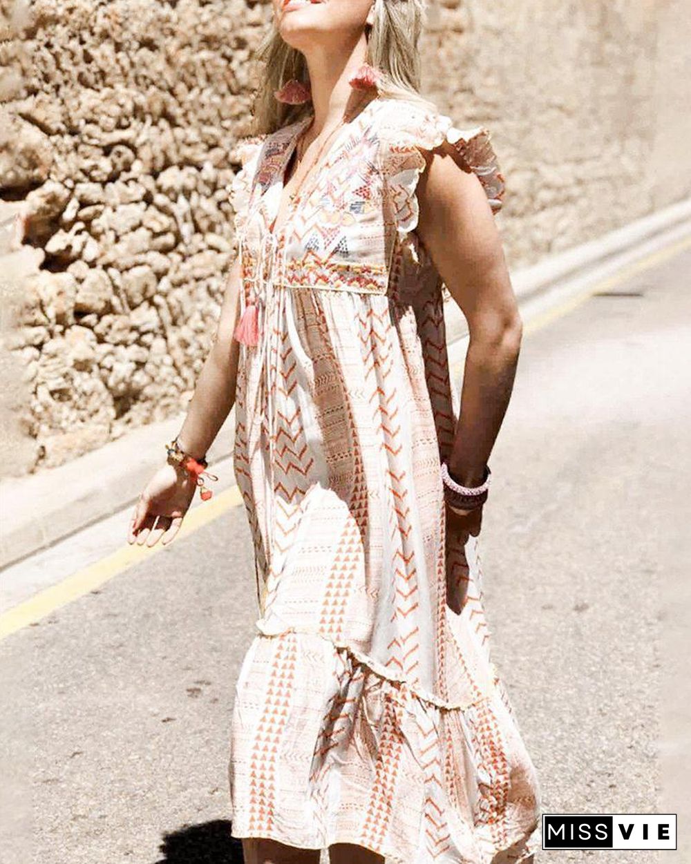 Printed V Neck Ruffle Hem Sleeveless Tassel Design Casual Loose Midi Dress P14267