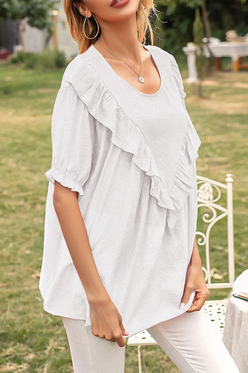 Elegant Solid Split Joint Flounce O Neck T-Shirts