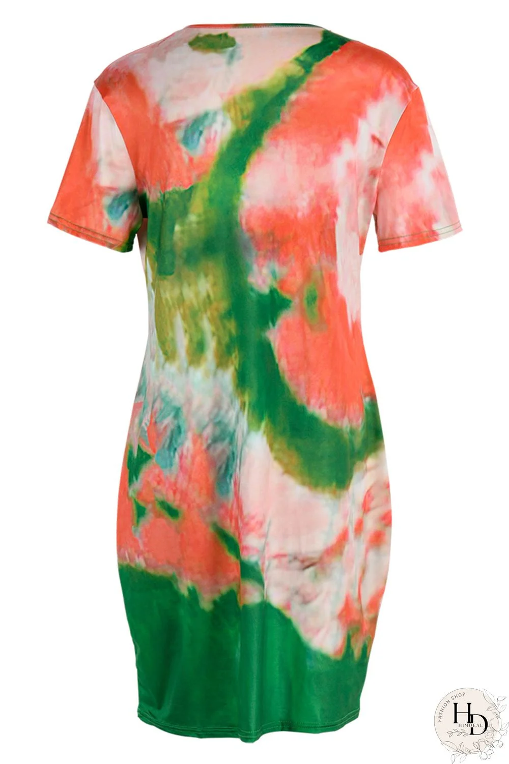 Orange Green Fashion Casual Letter Print Tie-dye O Neck Short Sleeve Dress Dresses