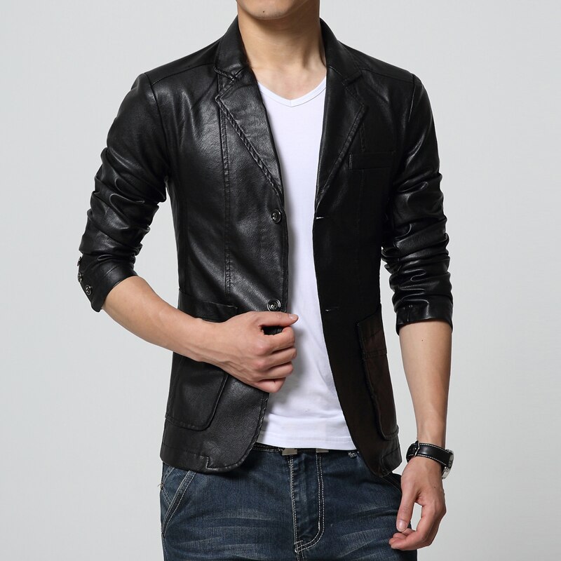 2025 Fashion New Men's Casual Boutique Suit Leather Jacket / Male Solid Color Business Collar Pu Blazers Long Sleeve Dress Coat