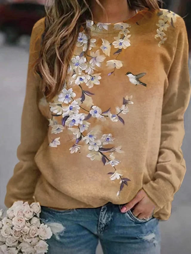 Women's Sweatshirt Pullover Active Streetwear Print Yellow Pink Blue Floral Graphic Prints Daily Round Neck Long Sleeve
