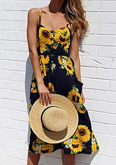 Sunflower Print Midi Dress with Pockets August Lemonade August Lemonade