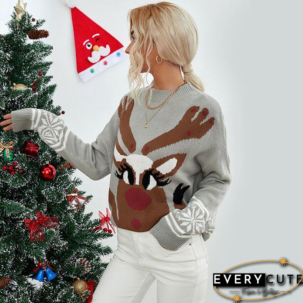 Round Neck Elk Pattern Grey Sweater