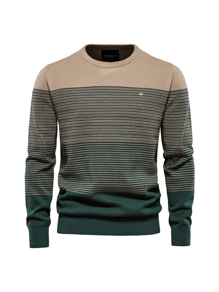 Vintage Casual Colorblocking Top Long Sleeve Sweater Slim Round Neck Pullover Striped Men's Slim Knitwear