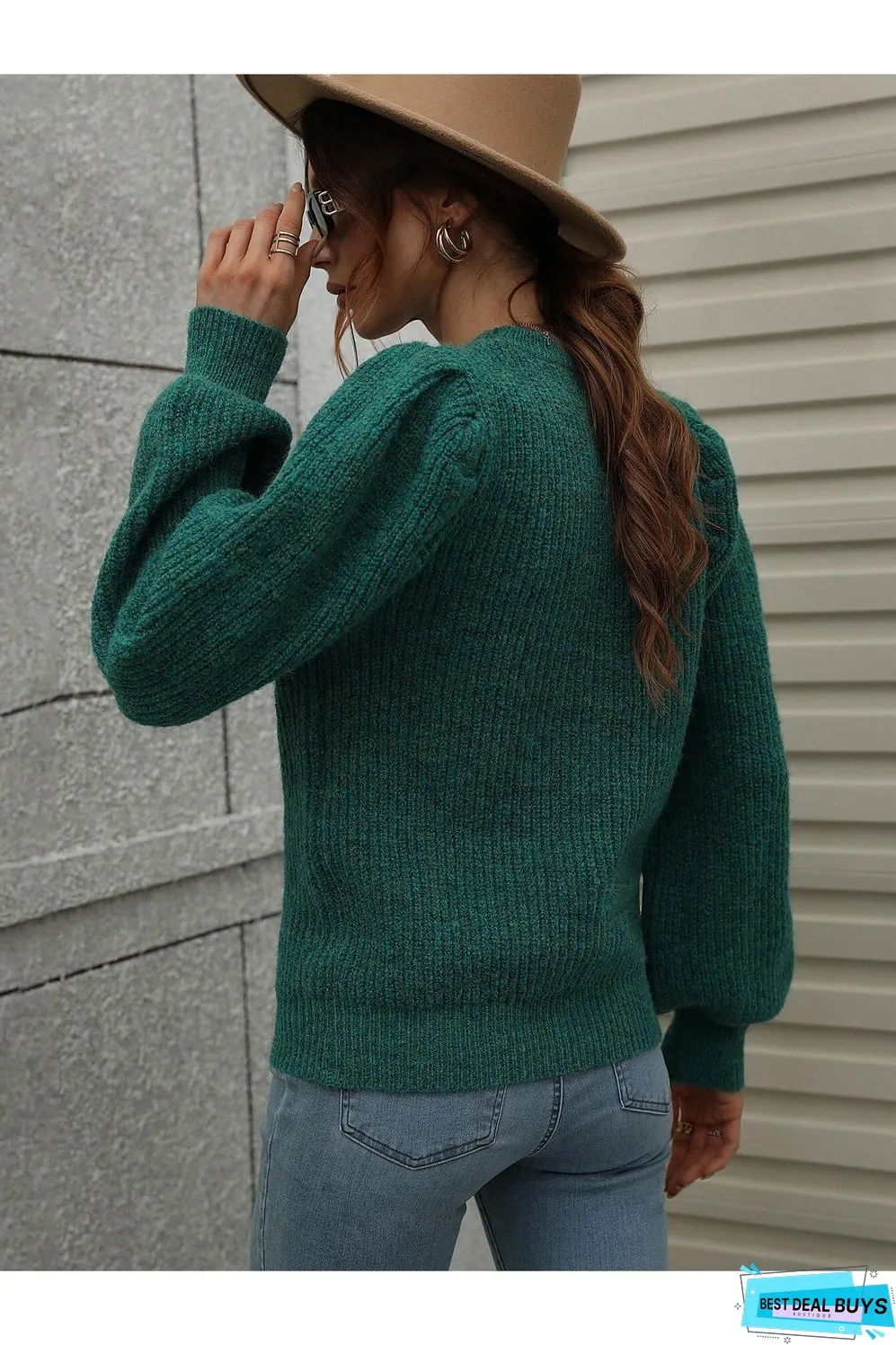 Heathered Long Lantern Sleeve Rib-Knit Sweater
