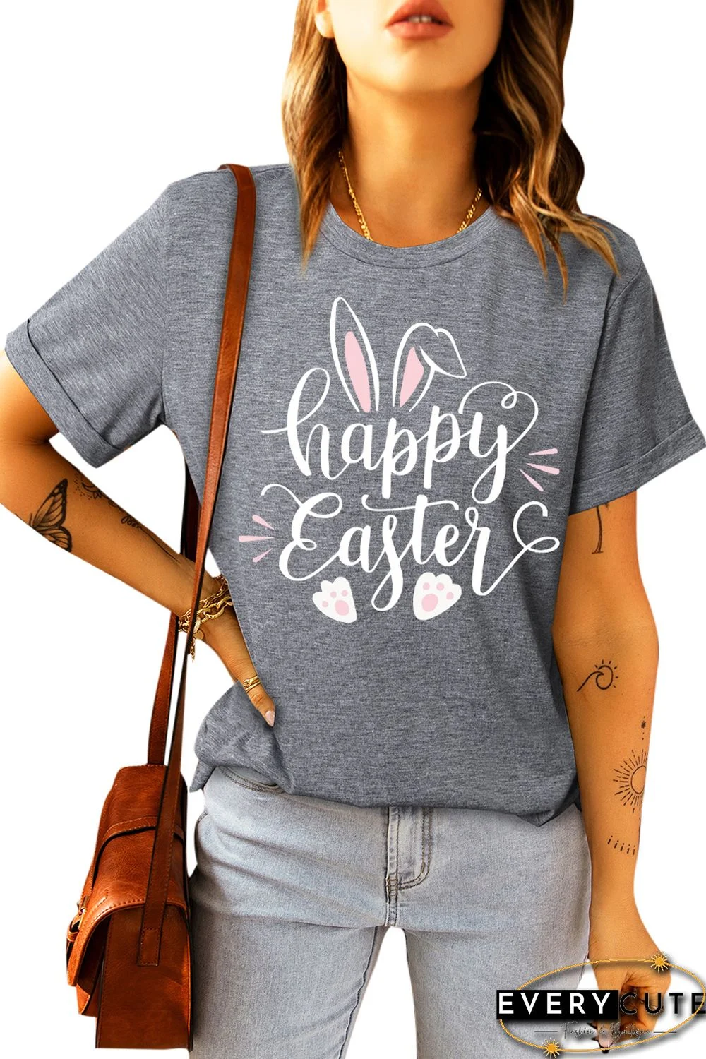 Gray Casual Letter Bunny Print Short Sleeve T Shirt