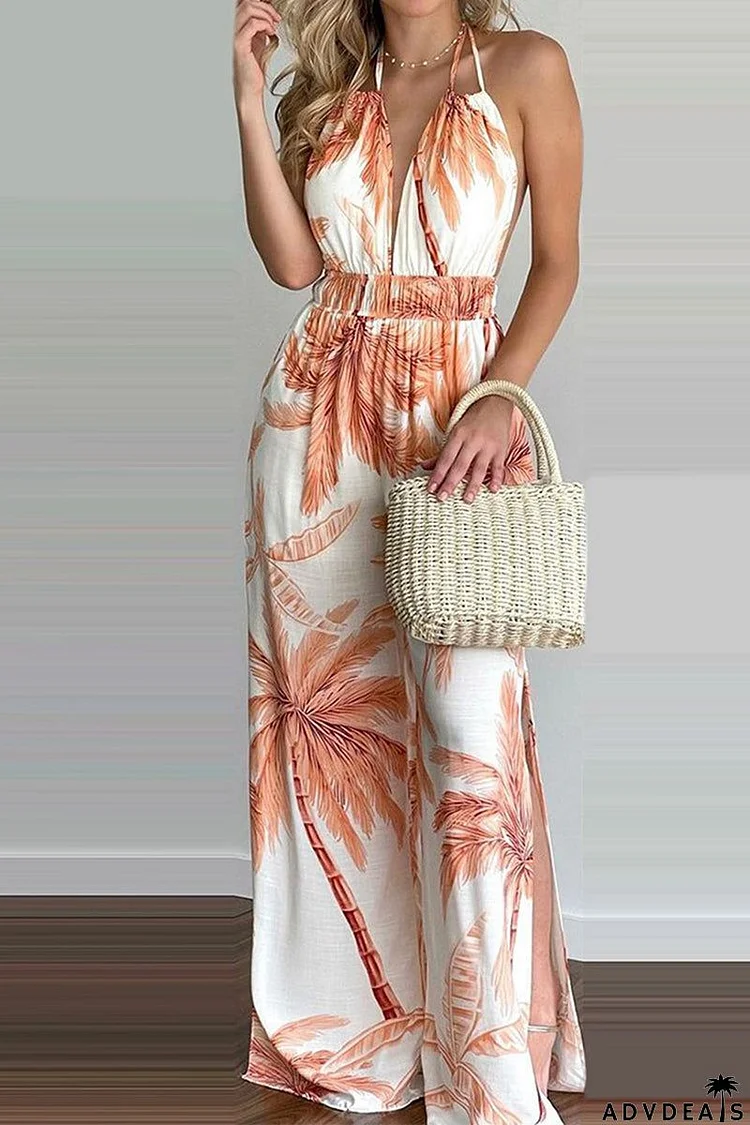 Casual Simplicity Print Spaghetti Strap Loose Jumpsuits