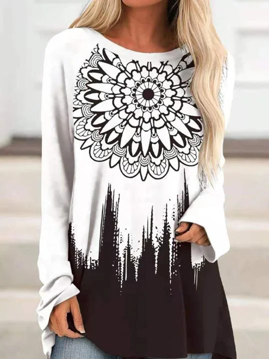 Women Long Sleeve Scoop Neck Floral Printed Graphic Top