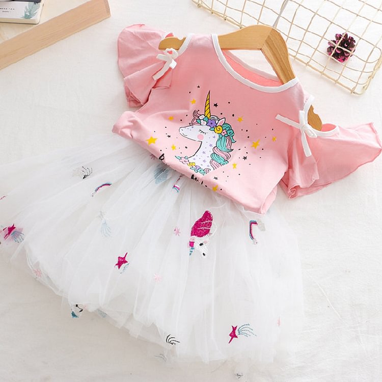 Mayoulove Kid Baby Girls Unicorn Tutu Princess Short Sleeve Dress 2pcs Set-Mayoulove