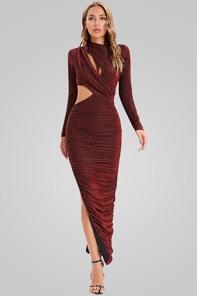 Sequin Cut Out Ruched Slit Long Sleeve Cocktail Maxi Dresses