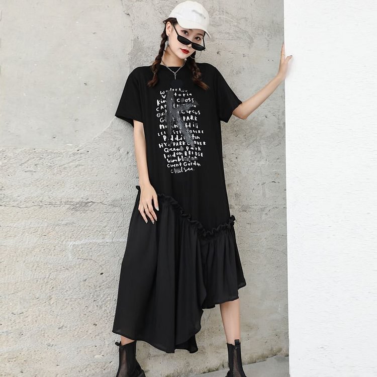 Street Loose O-neck Printed Asymmetrical Patchwork Ruffled Hem Short Sleeve Dress              