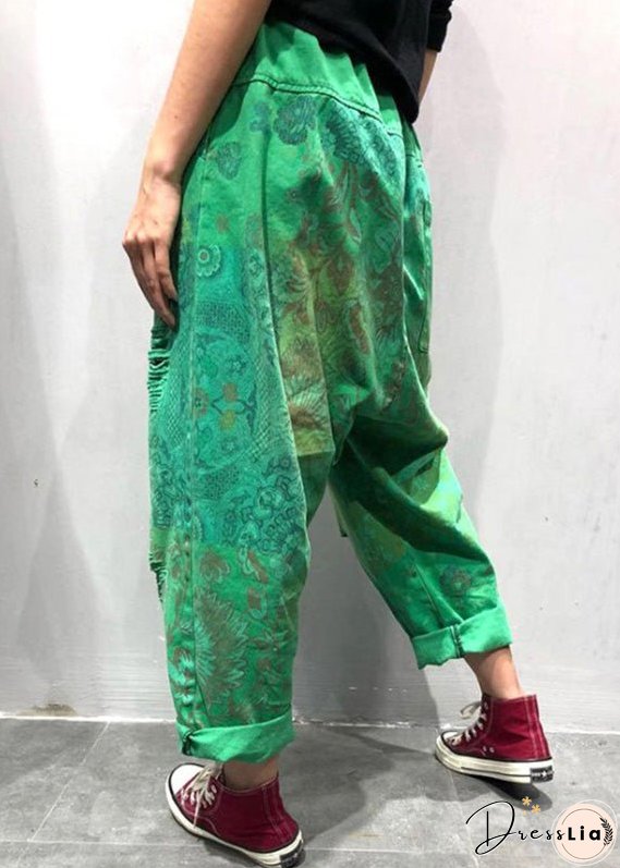 Plus Size Blue Print Tie Waist Ripped Wide Leg Pants Summer
